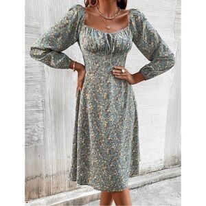 Blue Floral Milkmaid Dress | Midi Length | Long Sleeve | Size 2
